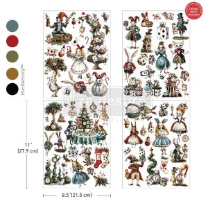 May include: Four sheets of decorative transfers featuring Alice in Wonderland characters and elements. The sheets are 11 inches (27.9 cm) tall and 8.5 inches (21.5 cm) wide. Includes a bonus sheet. The color palette includes teal, red, olive, gold, and black.
