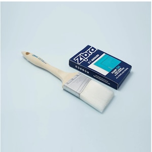 May include: A white angled paint brush with a wooden handle and a silver ferrule. The brush is labeled "Zibra 2" Angled Paint On Trim Door & Flat Surfaces All Paints and Stains".