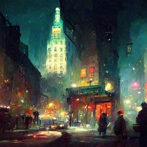 May include: A painting of a city street at night with tall buildings and streetlights. The buildings are lit up in warm colors, and the street is wet from rain. There are people walking on the sidewalk.