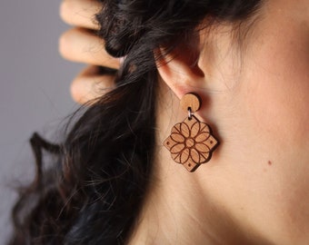 Mandala Drop Earrings - Cottagecore Mandala Earrings - Boho Earrings - Vegan Earrings - Eco-friendly Wood and Stainless Steel