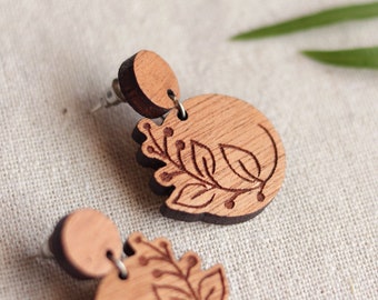 Eco-Friendly Wood and Stainless Steel Floral Drop Earrings - Cottagecore Earrings - Boho Earrings - Vegan Earrings