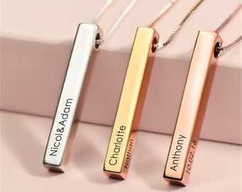 Personalisierte Edelstahl Namenskette Frauen Liebe 3D Bar Halsketten & Anhänger personalisiert, Gravierter Schmuck für Sie, Muttertag Geschenk