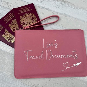 Personalised Travel Document Wallet, Passport Holder, Travel Organiser Dusky Pink