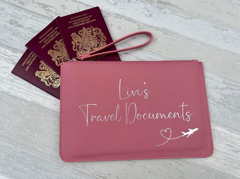 Personalised Travel Document Wallet, Passport Holder, Travel Organiser Dusky Pink