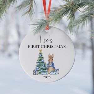 Personalised First Christmas Decoration, Christmas Bauble, Baby's First Christmas, Rabbit Christmas Decoration, Ceramic Ornament