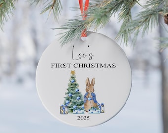 Personalised First Christmas Decoration, Christmas Bauble, Baby's First Christmas, Rabbit Christmas Decoration, Ceramic Ornament