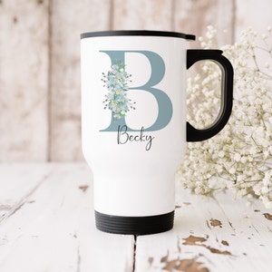 Personalised Travel Mug, Floral Initial, Stainless Steel Insulated Coffee Cup Mug