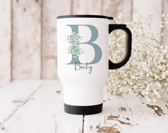 Personalised Travel Mug, Floral Initial, Stainless Steel Insulated Coffee Cup Mug