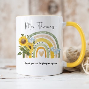 Personalised Sunflower Mug, Yellow rainbow sunflower Mug, Teachers Gift, Thankyou for helping me grow