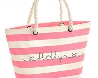 Personalised Beach Bag, Canvas Shopping Bag, Striped Beach Bag, Rope Handles