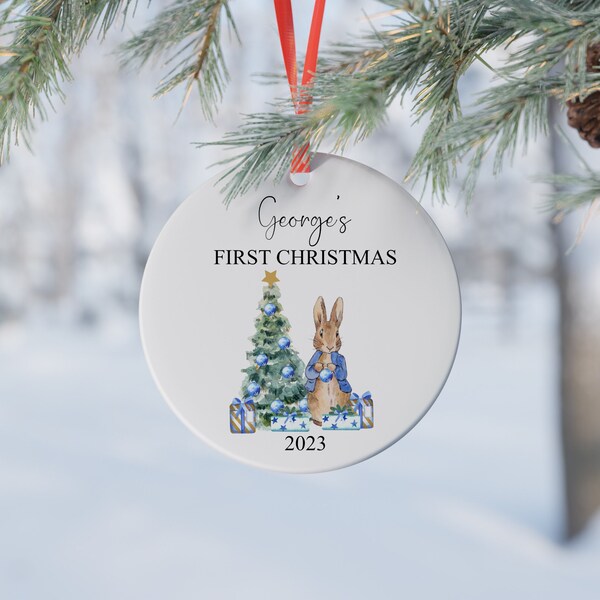 Personalised First Christmas Decoration, Christmas Bauble, Baby's First Christmas, Rabbit Christmas Decoration, Ceramic Ornament