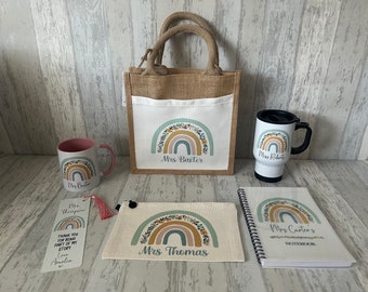 Personalised Teachers Gifts, Back to school, Note book, Jute bag, pencil case, bookmark, Pennant, Coaster & mug.