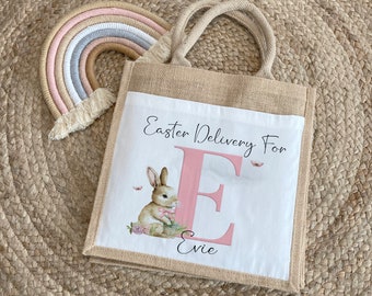 Easter Bunny Jute Bag, Personalised Easter Gift Bag, Easter Egg Hunt Bag, Easter Basket