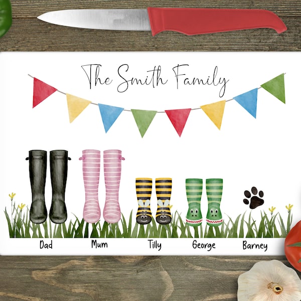 Personalised Family Welly Chopping board / Cutting board, Glass Chopping board, Worktop saver, Personalised New home gift.