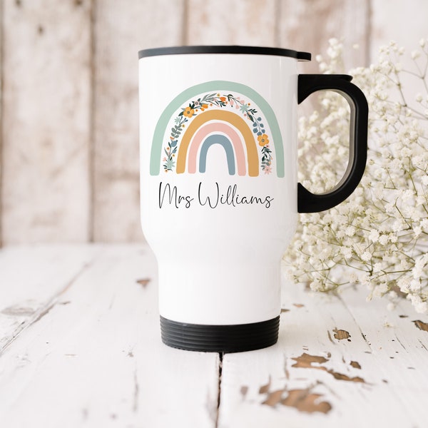 Teacher Travel Mug, Teachers Gift, Teacher Rainbow Cup, Insulated Coffee Cup Mug, Personalised Travel Mug
