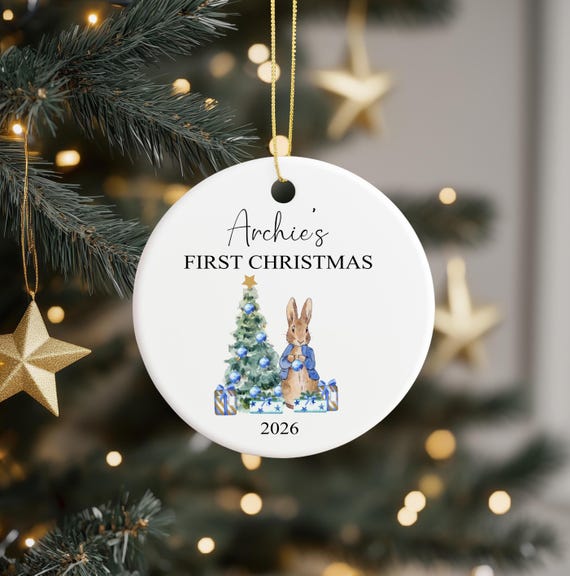 Personalised First Christmas Decoration, Christmas Bauble, Baby's First Christmas, Rabbit Christmas Decoration, Ceramic Ornament