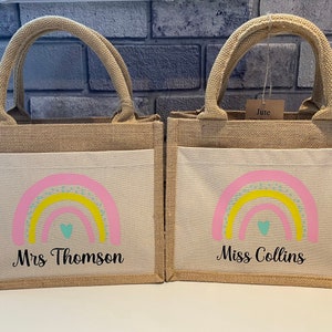 Personalised Jute bag with front pocket, Lunch bag, Rainbow jute bag, Teachers lunch bag