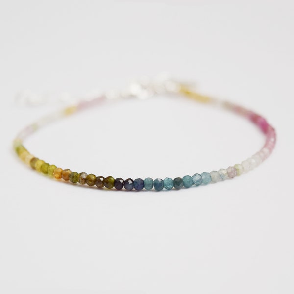 Natural Tourmaline Crystal Bead Bracelet, 2.25mm Rainbow Color Diamond Cut Gemstone Bead Bracelet