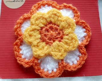 Flower badge, Orange, Yellow, White Crochet flower applique, Crochet brooch, Summer crochet, Scrap booking, Bag flower, Buttonhole flower