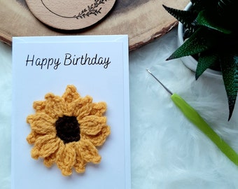 Birthday card with crochet sunflower, Crochet birthday card, Birthday card for her, for him, for them, non binary card, Handmade card