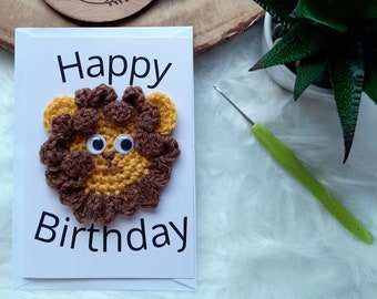 Birthday card with crochet lion, Birthday card for her, for him, for them, non binary card, Animal card, Handmade card