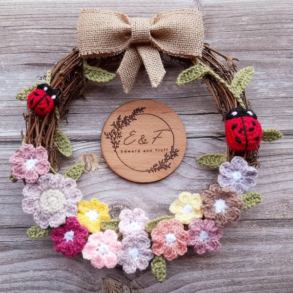 Spring wreath, Summer wreath, Summer crochet, Crochet wreath, Crochet flowers, Crochet flower garland, Door wreath, Hanging decoration