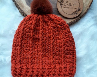 Handmade winter hat, Crochet hat, Copper coloured beanie, Beanie hat, Hats, Adult hat, Bobble hat, Handmade gift