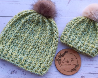 Handmade winter hat, Crochet hat, Green with yellow coloured beanie, Beanie hat, Hats, Adult hat, Bobble hat, Handmade gift