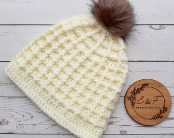 Handmade winter hat, Crochet hat, Cream coloured beanie, Beanie hat, Hats, Adult hat, Cream hat, Bobble hat, Handmade gift