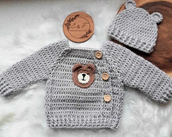 Baby jumper, Bear motif jumper with hat, Bear applique 0-3 months crochet jumper, Crochet sweater, Handmade baby sweater, Baby shower gift