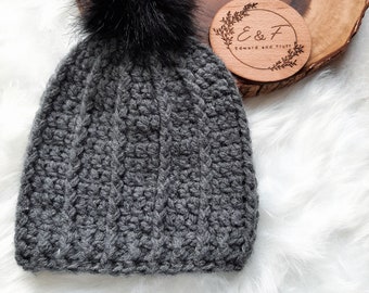 Handmade hat, Child size hat in graphite grey, Hat for Child, Child Winter hat, Bobble Hat, Gift, Faux fur bobble hat, Beanie hat