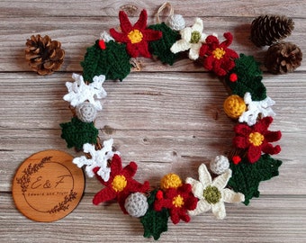 Winter wreath garland, Poinsettia wreath, Crochet wreath, Door wreath, Handmade crochet wreath, Christmas wreath