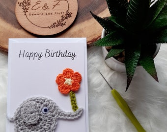 Birthday card with crochet elephant and flower. Unique birthday card. Card for all genders. Handmade Birthday Card with crochet applique