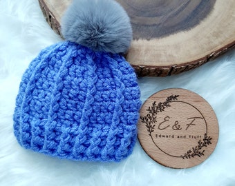 Baby bobble hat, Crochet bobble hat, 0 - 3 months hat, Crochet hat, Bobble Hat,  Faux fur bobble hat, Beanie hat, Reborn