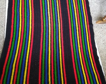 Vintage Hand Made Throw  Black, Red, Yellow, Blue, & Green 60.5" X 34"