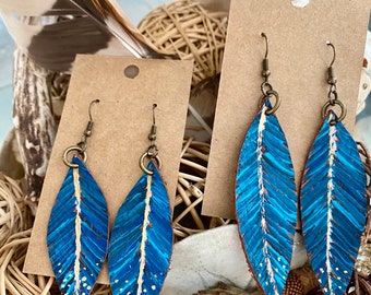 Unique one of a kind hand painted feather earrings lightweight statement earrings dangle earrings artistic earrings painted earrings leather