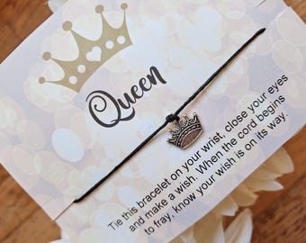 Bracelet de voeux de reine, cadeaux de reine, bracelet de voeux, breloque en argent, bijoux couronne, bracelet à breloques couronne, fêtes de princesse, cadeaux de princesse