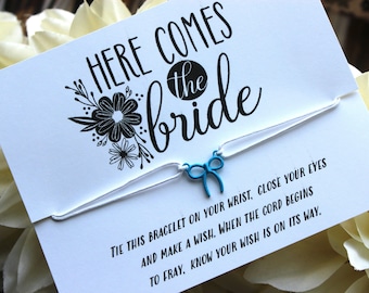 Aquí viene la novia, pulsera de los deseos, algo azul, regalos de novia, joyas de novia, lazo azul, regalos de boda, fiesta nupcial, regalo de novia azul