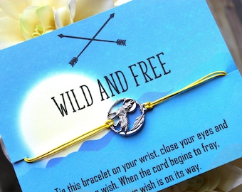 Wild and free, wish bracelet, wolf charm, rugged jewelry, wolf gifts, wanderer, traveler, camping gifts, graduation gifts, party favors