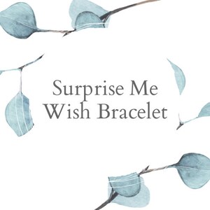 May include: A white background with blue watercolor leaves surrounding the text "Surprise Me Wish Bracelet".