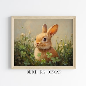 Cottagecore Rabbit Oil Painting - Cute Bunny in Meadow, Vintage Spring Wall Art, Printable Nursery Decor, Woodland Animal Print 176