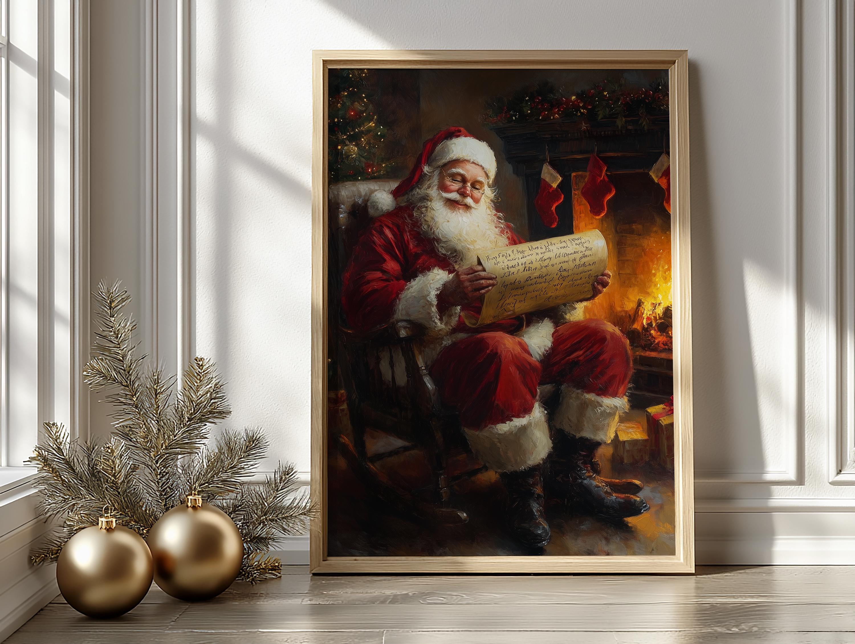 暖炉のそばのサンタクロースの絵画 - ヴィンテージクリスマスシーン