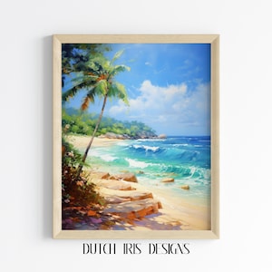 Tropical Beach Scene Painting - Printable Coastal Wall Art, Ocean Waves, Palm Trees, Summer Nautical Decor, Seaside Landscape Print 497