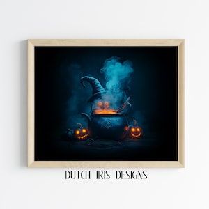 Halloween Witch&#39;s Cauldron Scene - Spooky Night Art, Printable Halloween Decor, Rustic Pumpkin Illustration, Magical Wall Art Print 69