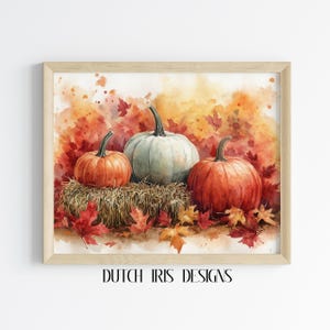 Rustic Pumpkin Watercolor Print - Autumn Harvest Decor, Fall Seasonal Art, Cottagecore Wall Art, Printable Pumpkin Scene, Hay Bale 38