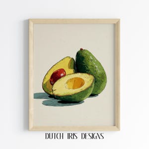 Vintage Avocado Illustration - Kitchen Wall Art, Printable Fruit Decor, Rustic Cottagecore Style, Whole and Cut Avocados Painting 681
