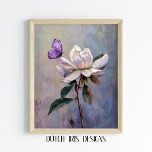 Printable Purple Butterfly on White Blossom - Vintage Floral Painting, Rustic Cottagecore Decor, Soft Pastel Wall Art, Digital Print 303