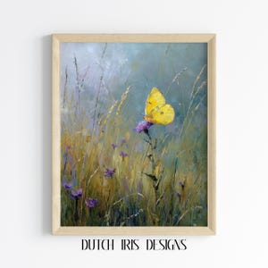 Bright Yellow Butterfly in Meadow - Printable Spring Wall Art, Rustic Nature Painting, Cottagecore Decor, Vintage Style Digital Print 298