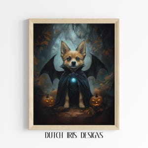 Halloween vleermuisgevleugelde hond met pompoenen - afdrukbare muurkunst in anime-stijl, spookachtige herfstdecor, Halloween-nachtscène, schattig huisdierkunst 561