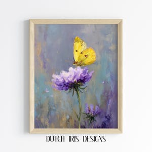 Rustic Spring Butterfly and Thistle Painting - Vintage Cottagecore Art, Printable Nature Wall Decor, Yellow Butterfly on Flower 305